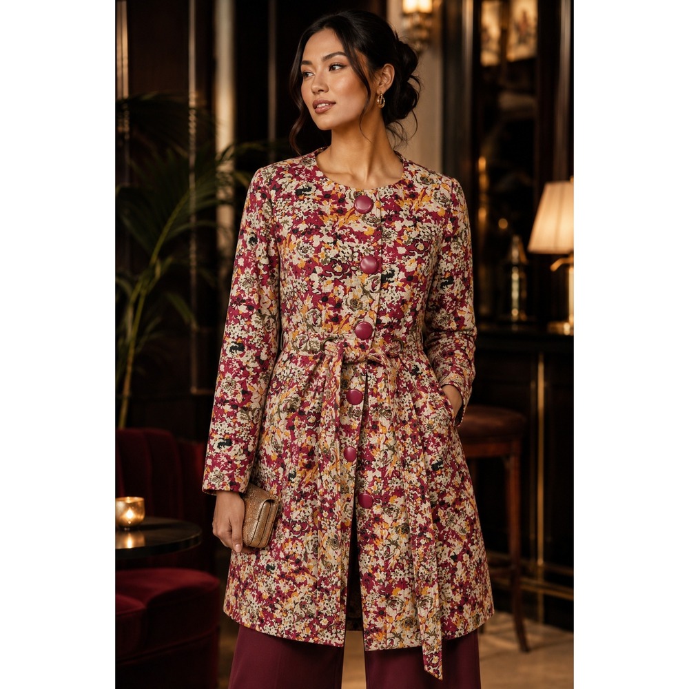 Tulle Floral Trench Coat Pink Yellow Cotton Blend Belted Jacket Womans S